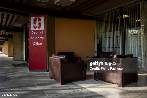 Chairs sit empty outside the Dean of Students Office during a quiet morning at Stanford University on March 9, 2020 in Stanford, California. Stanford...