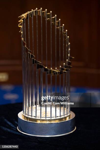 The commissioner's trophy belonging to the 2019 World Series champion Washington Nationals is seen in Russell Building on Wednesday, March 4, 2020.