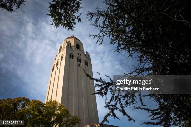 Hoover Tower looms during a quiet morning at Stanford University on March 9, 2020 in Stanford, California. Stanford University announced that classes...