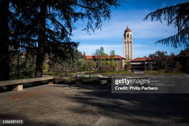 Hoover Tower looms during a quiet morning at Stanford University on March 9, 2020 in Stanford, California. Stanford University announced that classes...