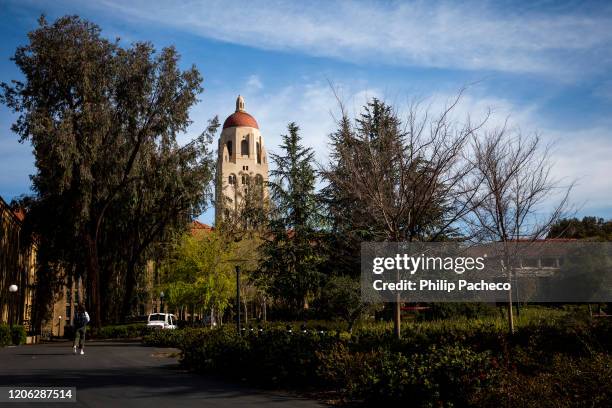 Hoover Tower looms during a quiet morning at Stanford University on March 9, 2020 in Stanford, California. Stanford University announced that classes...