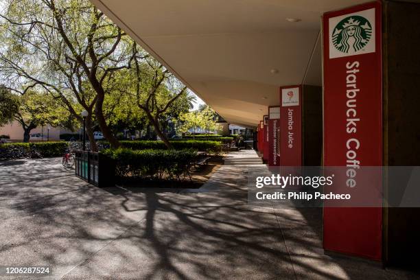 The usually bustling student union during a quiet morning at Stanford University on March 9, 2020 in Stanford, California. Stanford University...