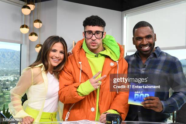 Episode 200302 -- Pictured: Daily Pop Co-Host Erin Lim poses with Bad Bunny and Co-Host Justin Sylvester on set --
