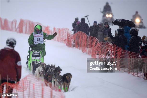Ryan Redington drives his team during the restart of the 2020 Iditarod Sled Dog Race at Willow Lake on March 8, 2020 in Willow, Alaska.