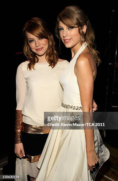 Actress Emma Stone and Singer Taylor Swift attend the 2011 Teen Choice Awards at Gibson Universal Amphitheatre on August 7, 2011 in Universal City,...