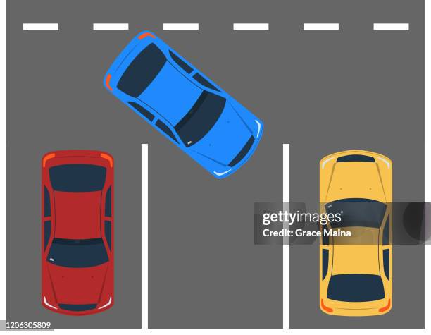 stockillustraties, clipart, cartoons en iconen met blauwe auto parkeren op een parkeerplaats tussen een rode en een gele auto - parkeerterrein