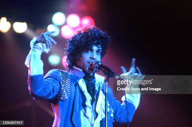 American singer Prince performs onstage during the 1984 Purple Rain Tour on November 4 at the Joe Louis Arena in Detroit, Michigan.