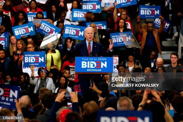 Democratic presidential candidate former Vice President Joe Biden gestures as he speaks during a campaign rally at Renaissance High School in...