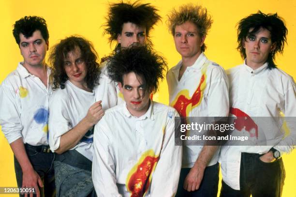 Drummer and keyboardist Lol Tolhurst, bass guitarist Porl Thompson, bassist Simon Gallup, English singer, songwriter and musician Robert Smith,...