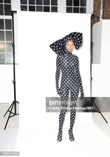 Model poses at the Agne Kuzmickaite AW20 presentation during London Fashion Week February 2020 at Victoria House on February 14, 2020 in London,...