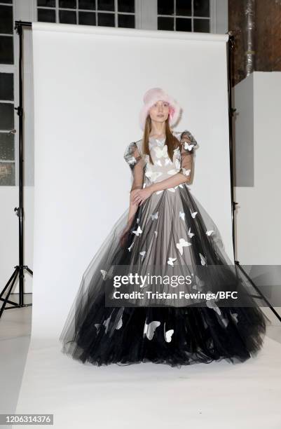 Model poses at the Agne Kuzmickaite AW20 presentation during London Fashion Week February 2020 at Victoria House on February 14, 2020 in London,...