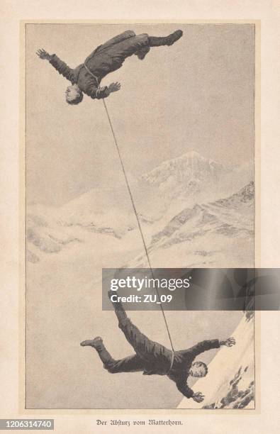 the crash from the matterhorn in 1865, raster print, 1895 - european alps stock illustrations