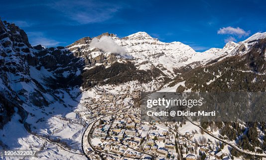 Stunning aerial view of the Leukerbad village in the alps in Canton Valais, Switzerland