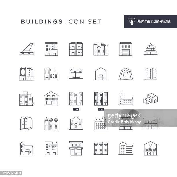 illustrazioni stock, clip art, cartoni animati e icone di tendenza di icone della linea di tratto modificabile edifici - struttura edile