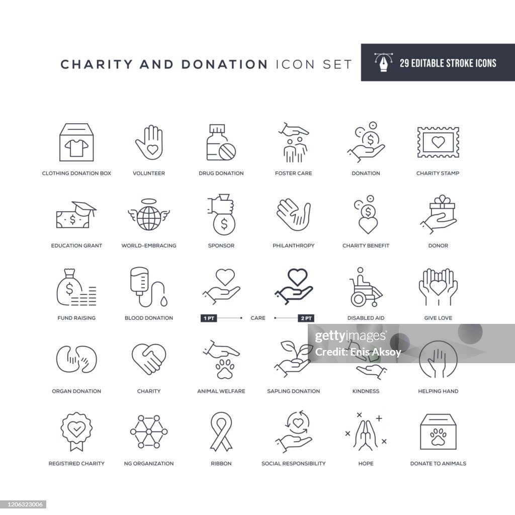 Iconos de la línea de trazos editables de caridad y donación