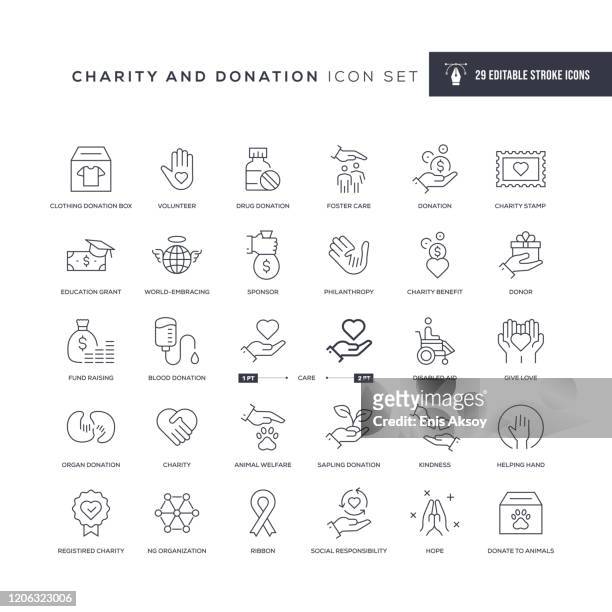 ilustraciones, imágenes clip art, dibujos animados e iconos de stock de iconos de la línea de trazos editables de caridad y donación - ayuda humanitaria