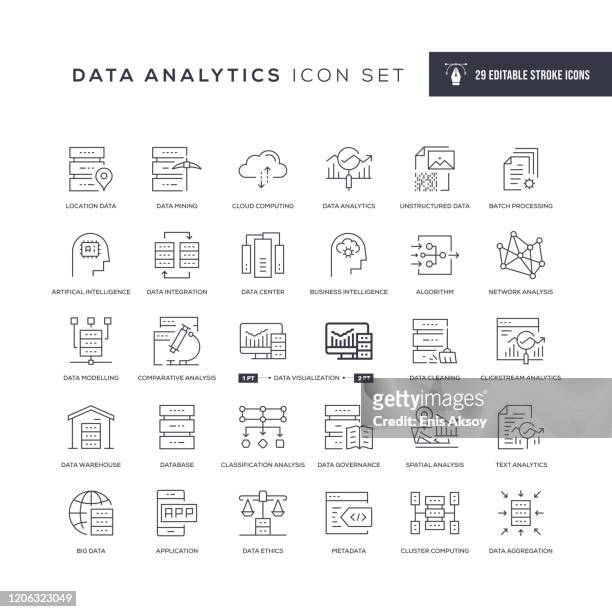 ilustraciones, imágenes clip art, dibujos animados e iconos de stock de iconos de línea de trazo editables de data analytics - analizzare