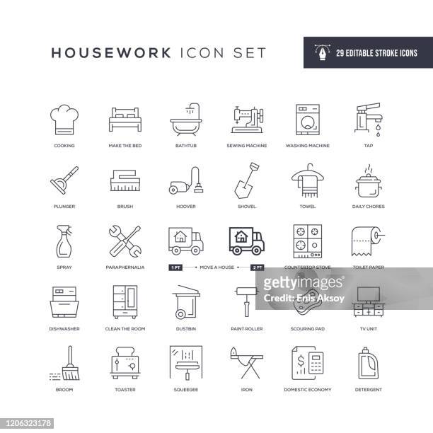 housework editable stroke line icons - broom stock illustrations