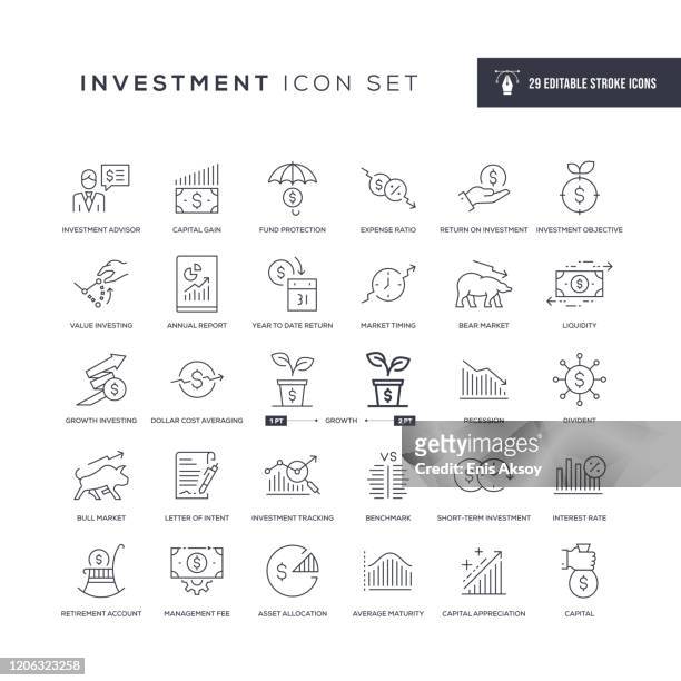 ilustrações de stock, clip art, desenhos animados e ícones de investment editable stroke line icons - finance and economy
