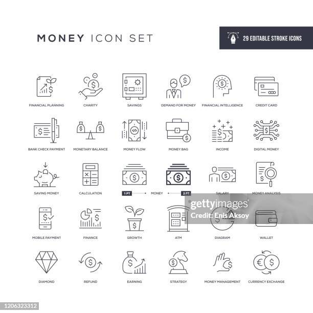 money editable stroke line icons - geldautomat stock-grafiken, -clipart, -cartoons und -symbole