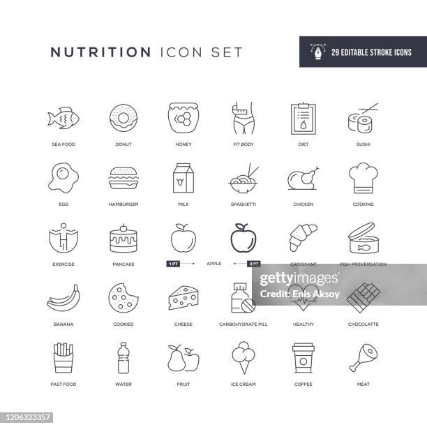 nutrition editable stroke line icons - schokobanane stock-grafiken, -clipart, -cartoons und -symbole