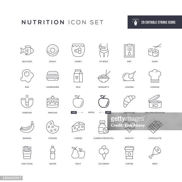 nutrition editable stroke line icons - milk and cookies stock illustrations