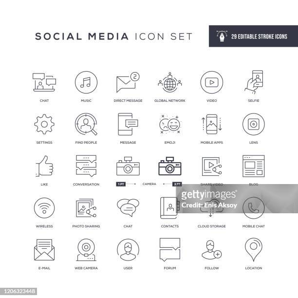 illustrazioni stock, clip art, cartoni animati e icone di tendenza di icone della linea di tratto modificabile dei social media - customer engagement
