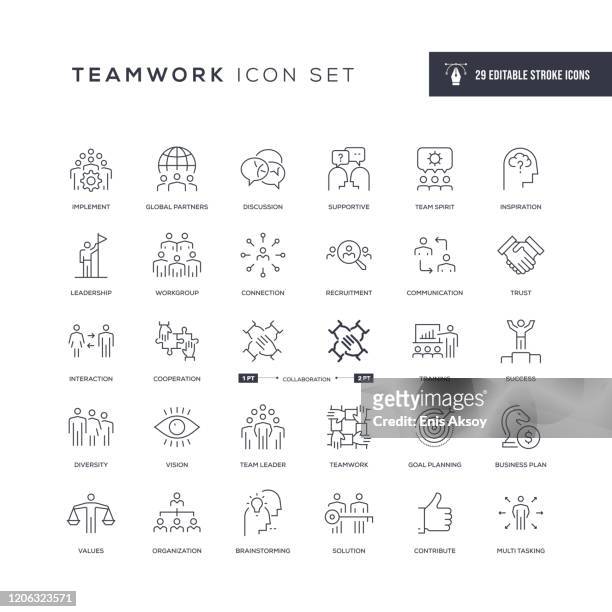 illustrazioni stock, clip art, cartoni animati e icone di tendenza di icone della linea del tratto modificabile del lavoro di squadra - lavoro di squadra
