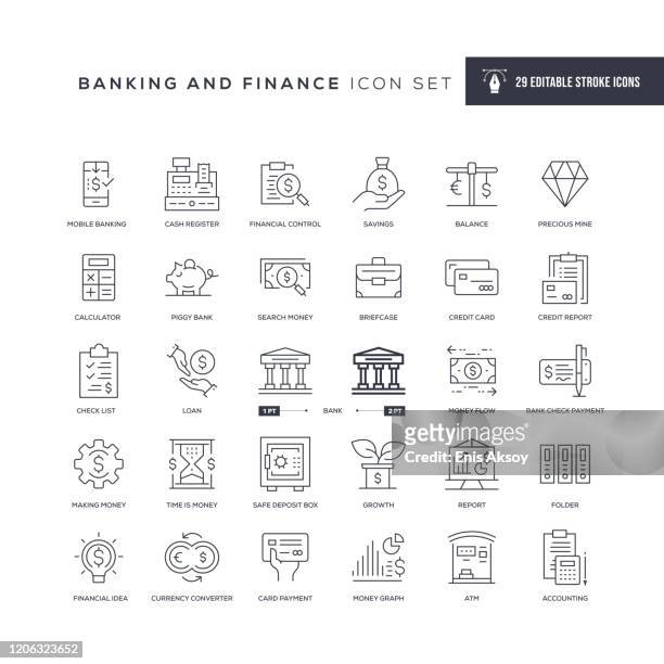 illustrazioni stock, clip art, cartoni animati e icone di tendenza di icone della linea di tratti modificabili bancarie e finanziarie - affari finanza e industria