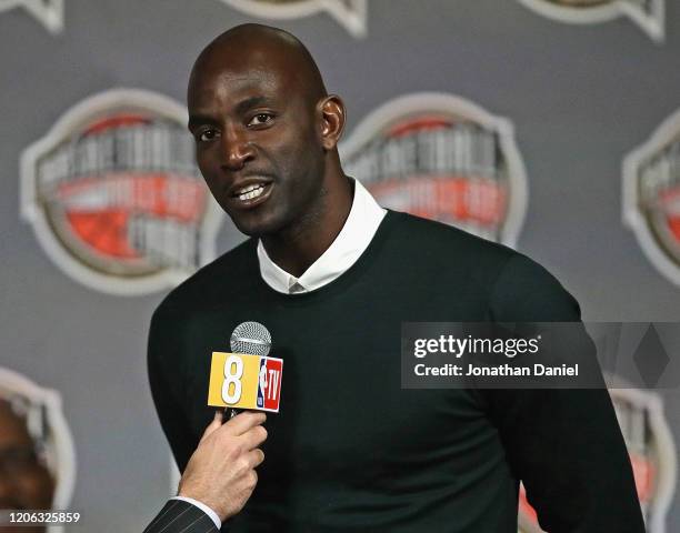Kevin Garnett, a finalist for the 2020 Naismith Memorial Basketball Hall of Fame, speaks during a ceremony announcing the finalists at the United...