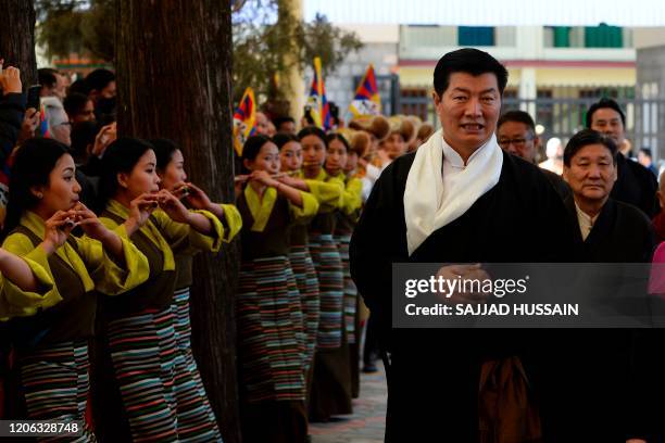 Prime Minister of the Tibetan government in exile Lobsang Sangay attends an event to mark the 61st anniversary of the Tibetan Uprising Day that...