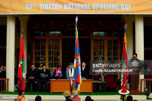 Prime Minister of the Tibetan government in exile Lobsang Sangay attends an event to mark the 61st anniversary of the Tibetan Uprising Day that...