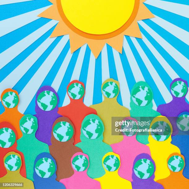 global crowd under the sun - watching sunrise stock illustrations