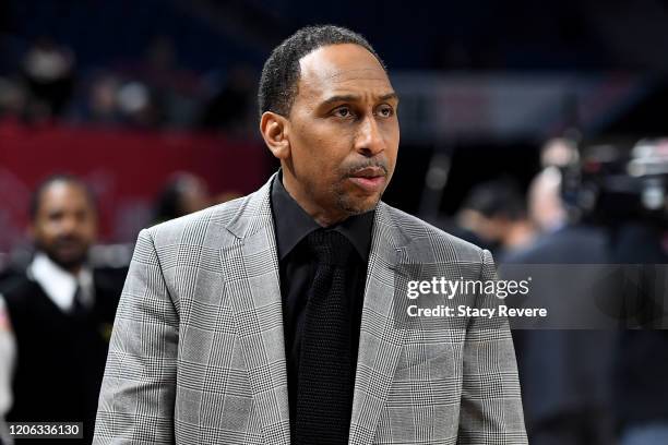 Head coach Stephen A. Smith of Team Stephen A. Looks on before the 2020 NBA All-Star Celebrity Game Presented By Ruffles at Wintrust Arena on...