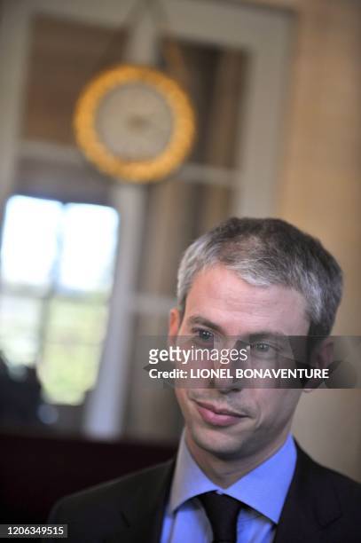 Franck Riester, rapporteur UMP du texte "protection des droits sur internet" s'exprime, le 9 avril 2009 à l'Assemblée nationale à Paris à la suite du...