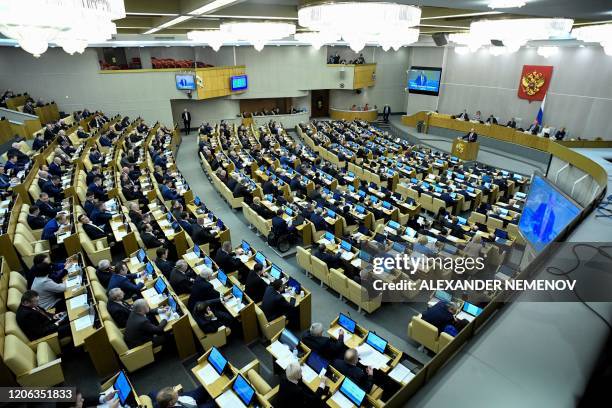 Russian Communist Party leader Gennady Zyuganov gives a speech during the second reading of the constitutional reform bill during a session of the...