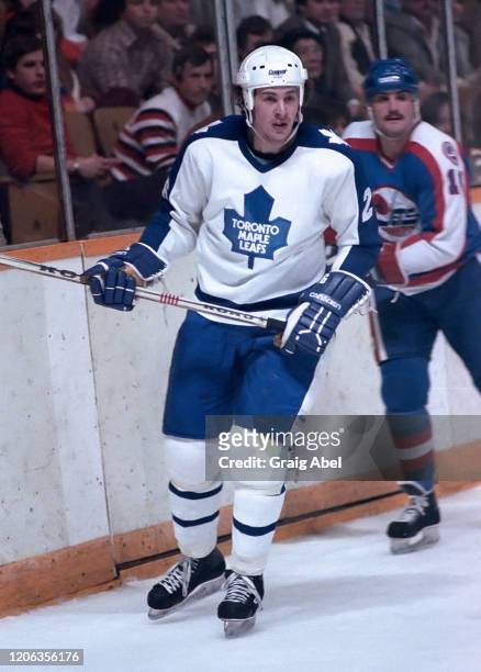 Barry Melrose of the Toronto Maple Leafs Leafs skates against the Winnipeg Jets during NHL game action on December 9, 1981 at Maple Leaf Gardens in...