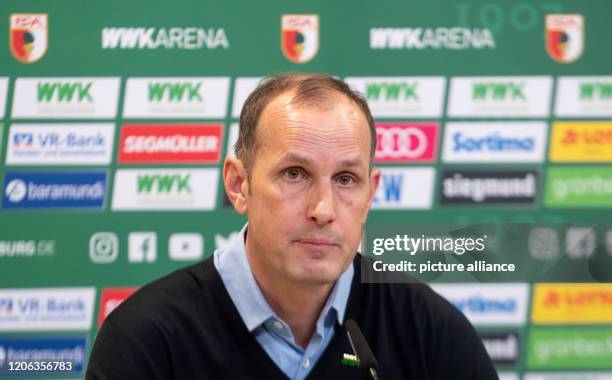 March 2020, Bavaria, Augsburg: Heiko Herrlich is sitting at a press conference in the WWK-Arena. Herrlich was introduced as the new head coach of the...