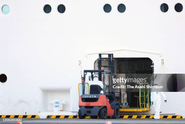 Food and aid supply are loaded to cruise ship Diamond Princess at the Daikoku Pier of Yokohama Port on February 13, 2020 in Yokohama, Kanagawa, Japan.