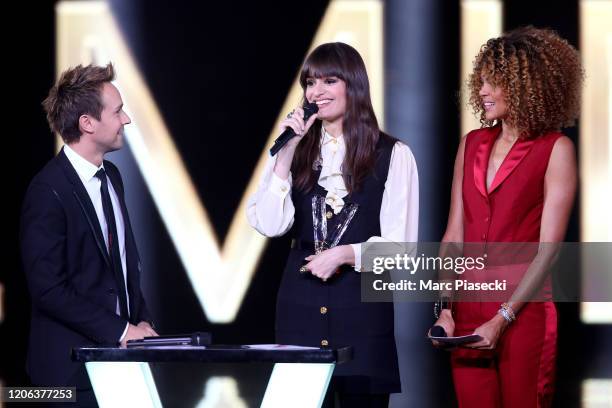 Cyril Feraud, Clara Luciani and Sophie Ducasse attend the 35th 'Les Victoires De La Musique' Show At La Seine Musicale on February 14, 2020 in...