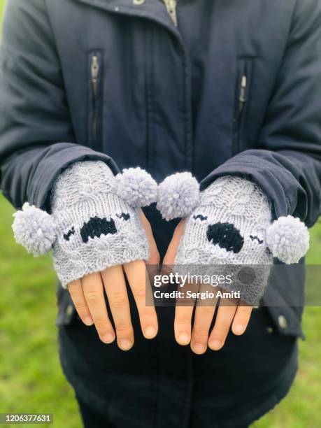 fingerless mittens with koala shape - tumvante bildbanksfoton och bilder