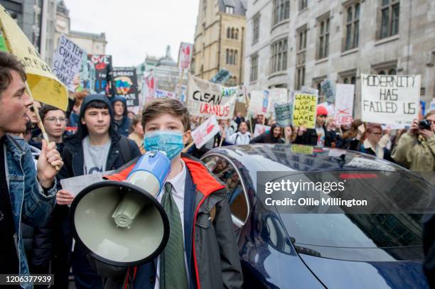 Teenage Climate Crisis activists from various climate activism groups protesting in Westminster during the first UK Students Strike Over Climate...