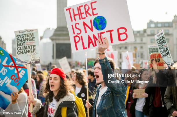 Teenage Climate Crisis activists from various climate activism groups protesting in Westminster during the first UK Students Strike Over Climate...