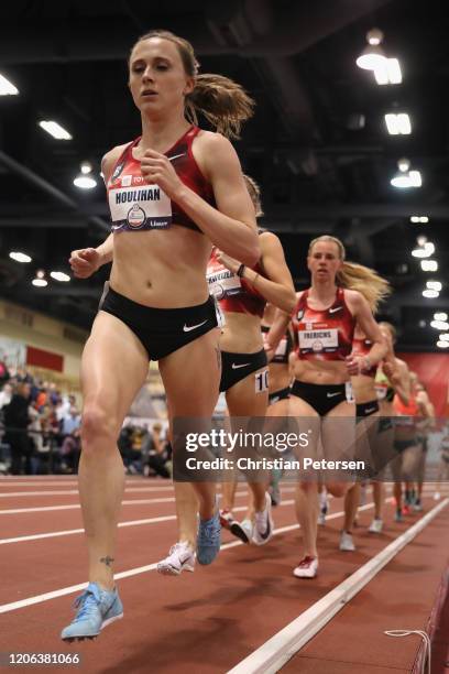 Shelby Houlihan leads the pack as they competes in the Women's 3000 M during the 2020 Toyota USATF Indoor Championships at Albuquerque Convention...