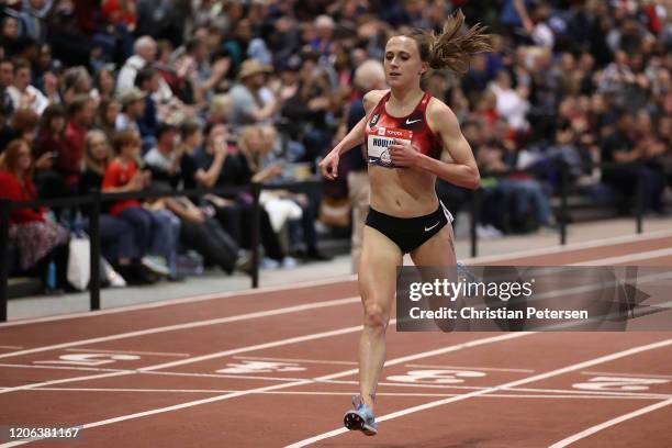 Shelby Houlihan crosses the finish line to win the Women's 3000 M during the 2020 Toyota USATF Indoor Championships at Albuquerque Convention Center...