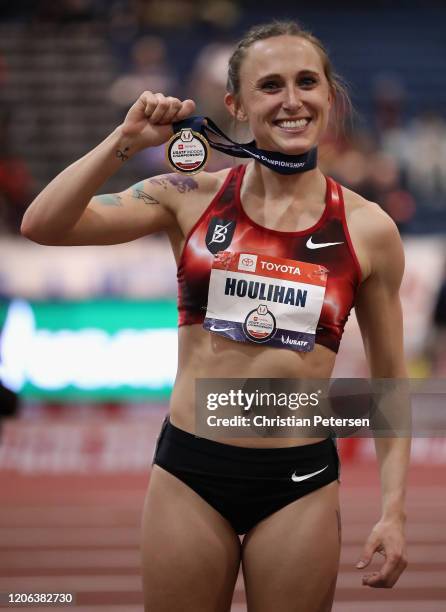 Shelby Houlihan poses with her medal after winning the Women's 3000 M during the 2020 Toyota USATF Indoor Championships at Albuquerque Convention...