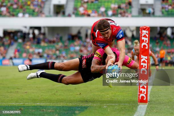 Cody Ramsey of the Dragons dives for the corner to score the game winning try during the quarter final match between the Panthers and Dragons from...