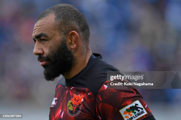 Michael Leitch of TOSHIBA Brave Lupus reacts after losing the Rugby Top League match between Panasonic Wold Knights and Toshiba Brave Lupus at the...