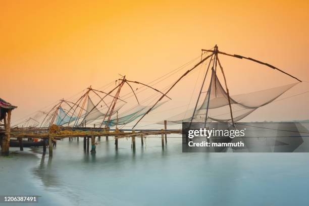 traditionelle chinesische fischernetze in kochi, indien bei sonnenaufgang - kochi indien stock-fotos und bilder