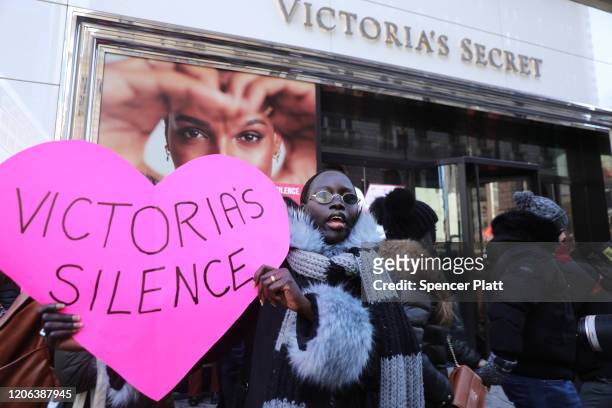 Men and women, some of them models, hold a demonstration outside of lingerie retailer Victoria's Secret on February 14, 2020 in New York City. The...